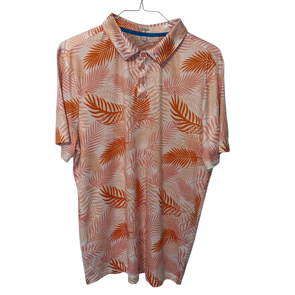 RBX Golf Polo Men Large Orange Pink Tropical Palm‎ Leaf Performance Polyester